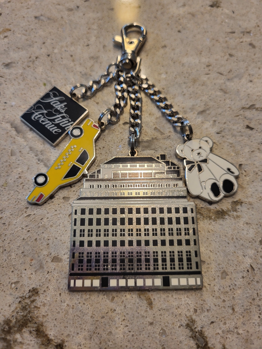 Saks Fifth Avenue Silver Building Keychain)Purse Charm Taxi & White Teddy